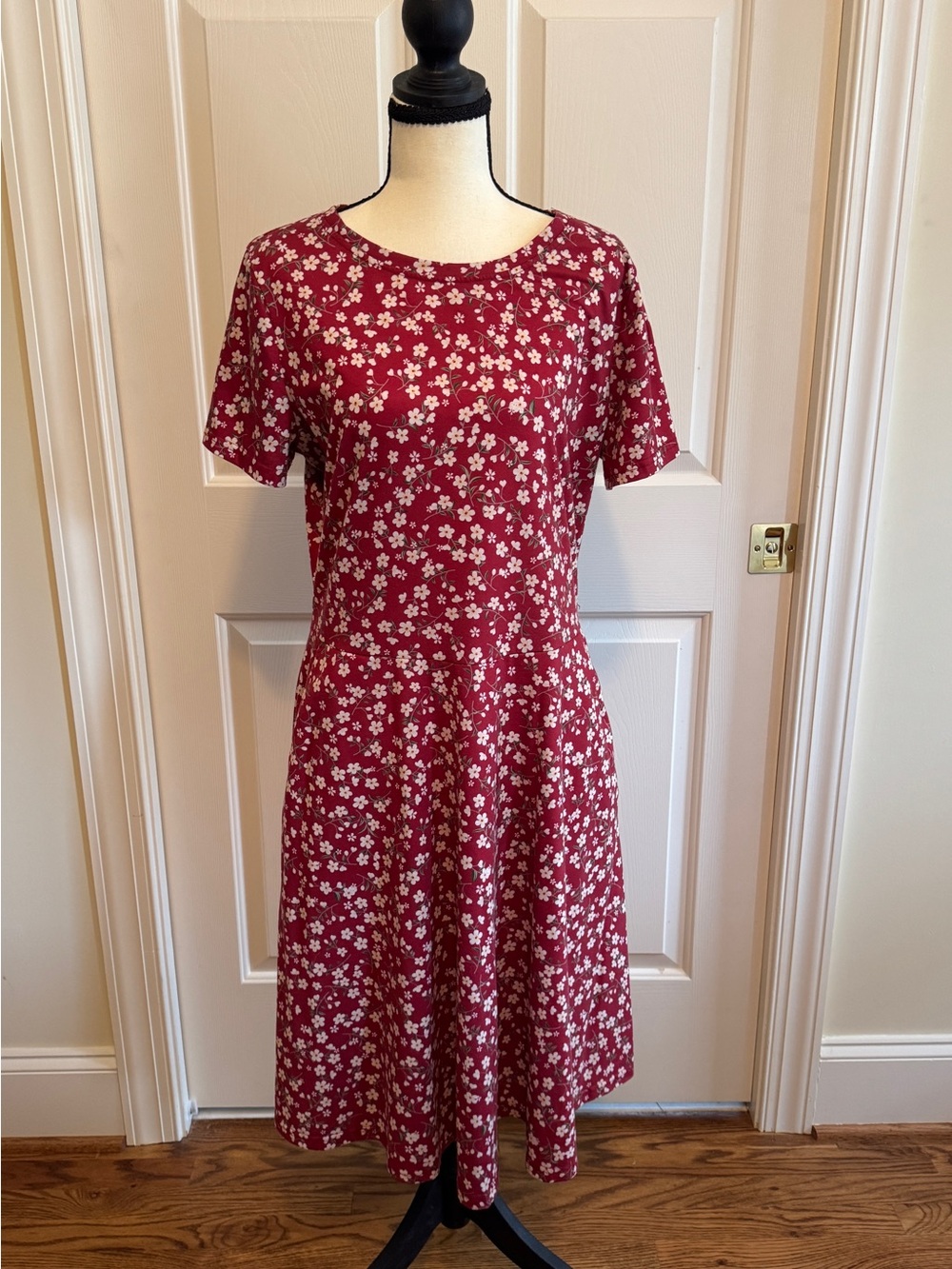 Women’s Red Floral Fit-and-Flare Dress with Pockets
